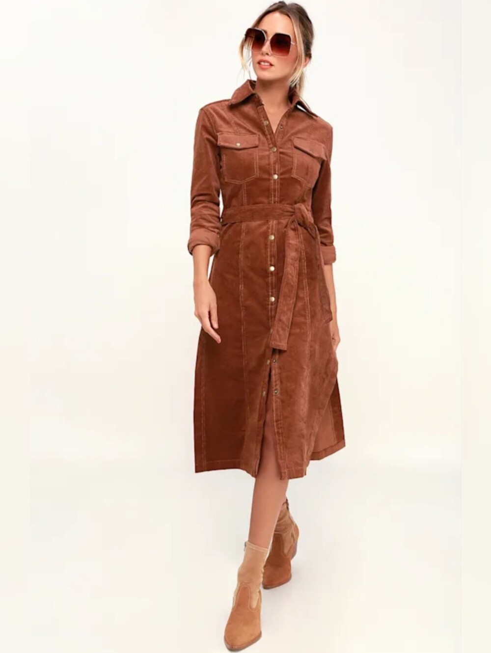 Honey Punch Rust Corduroy Long-Sleeve Button-Front Dress